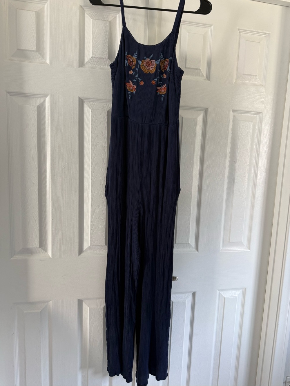 Knox Rose Navy Embroidered Spaghetti-Strap Jumpsuit